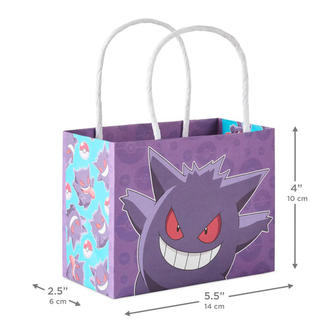 Pokemon Mini Gift Bags 18 Pack With Handles For Birthday Parties And Classroom Treats Featuring Pikachu Charizard Eevee And Gengar Designs About 5 Inches Wide By 4 Inches High By 3 Inches Deep, Gengar design bag with handles.