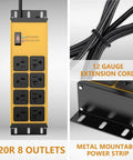 Heavy Duty Power Strip With 20 Amp Surge Protector And 12 Gauge Tough As Nails Wiring Featuring Eight Grounded Outlets Plus 10 Foot Extension Cord for shop and garage. Top view shows 8 outlets.