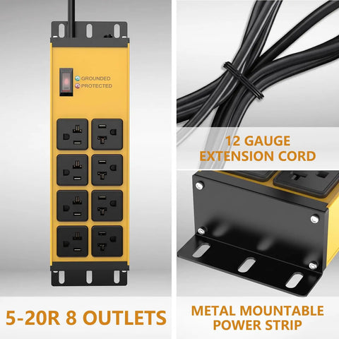 Heavy Duty Power Strip With 20 Amp Surge Protector And 12 Gauge Tough As Nails Wiring Featuring Eight Grounded Outlets Plus 10 Foot Extension Cord for shop and garage. Top view shows 8 outlets.
