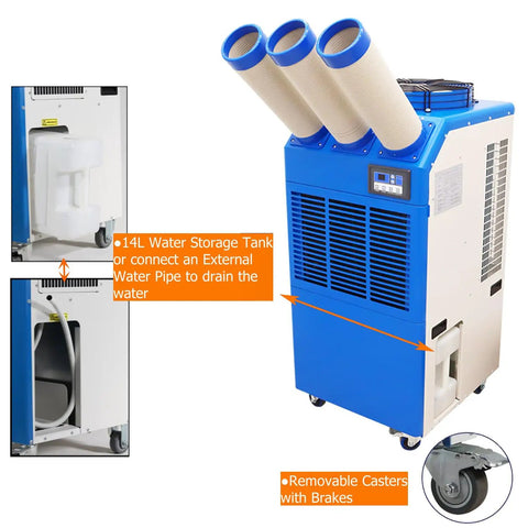 Heavy Duty Industrial Portable Spot Cooler Kickin Cold Turbo Double Fan Air Conditioner with 14L water tank and removable casters.
