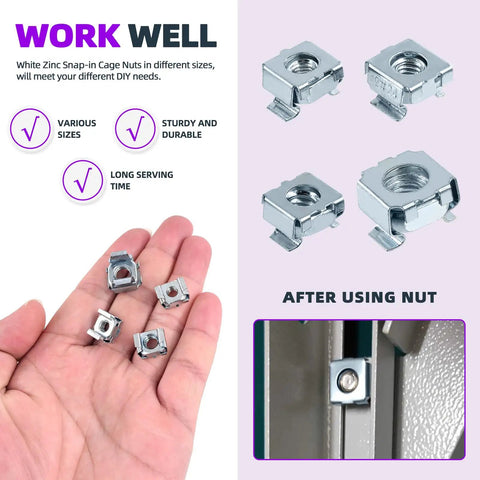 Top Tier Zinc Plated Carbon Steel Square Cage Nuts Assortment Features 10-32 12-24 1/4-Inch And 5/16-Inch Sizes in hand for server rack assembly.