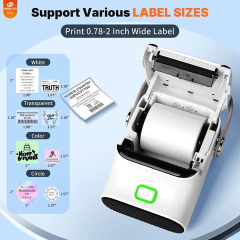 Portable Bluetooth Thermal Label Printer With Included Tape Inkless Sticker Maker For Home Organization And Small Business slaps labels of various sizes.