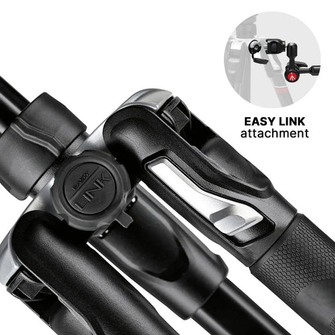 Close-up of Befree Advanced Camera Tripod With Lever Closure Beefs Up Your Travel Kit, showing Easy Link attachment.