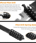 Buffered pilot drill and spring design from Pro Grade Carbide Hole Saw Set 9 Piece Kit With 6 Hole Cutters 2 Pilot Bits 1 L Wrench.