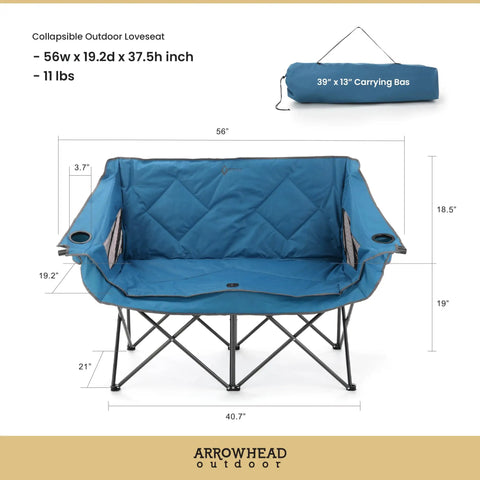 Portable Folding Double Duo Camping Chair Loveseat For Two With Extra Cozy Padding And Wine Glass Holders, blue design
