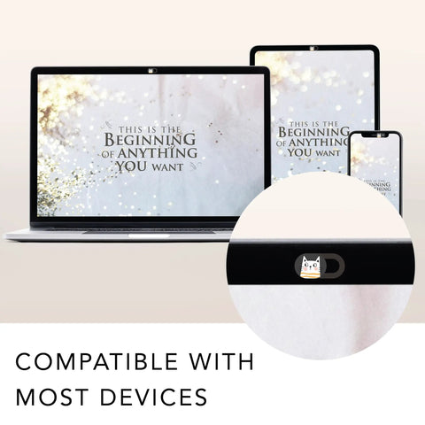 Slick Little Webcam Cover Slide For Laptops And Macbooks Featuring Adorable Cat Vibes, shown on laptop and tablet, 30x40mm.