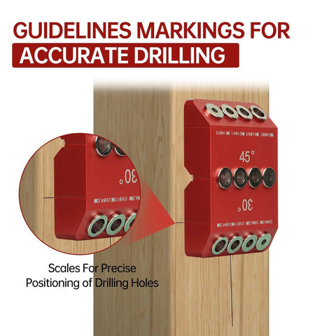 Portable Drill Guide Jig With 30 45 And 90 Degree Angles for precise angled or straight hole drilling on a wooden post.