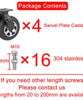 Package contents for Heavy Duty Rubber Caster Wheels 8 Inch Set Of 4 Black Industrial Swivel Casters with 16 stainless screws.