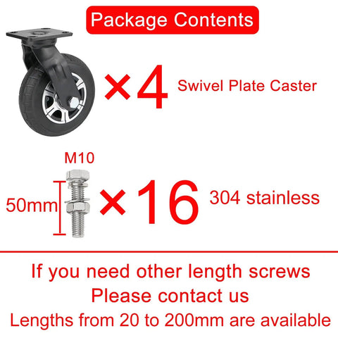 Package contents for Heavy Duty Rubber Caster Wheels 8 Inch Set Of 4 Black Industrial Swivel Casters with 16 stainless screws.