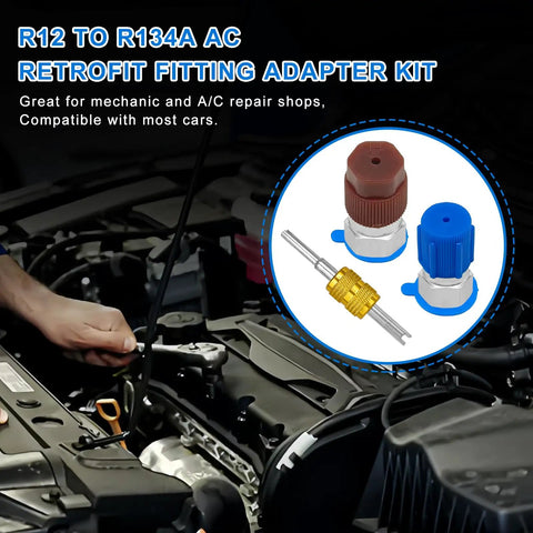 R12 To R134A AC Conversion Kit With High And Low Side Fitting Adapters for car air conditioning retrofit, includes quick couplers.