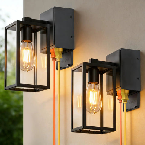 Outdoor Motion Sensor Porch Light With Dual GFCI Outlets Dusk To Dawn Wall Light With 3 Lighting Modes and Auto On