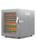 A Heck Of A Food Dehydrator Featuring Twelve Heavy Duty Stainless Steel Trays With Precise Eighty Five To One Seventy Degree Fahrenheit Temp Control For Making Juicy Beef Jerky Garden Veggies And Healthier Snacks. Silver housing with visible trays of beef jerky and vegetables.