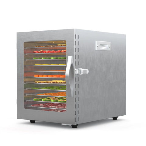 A Heck Of A Food Dehydrator Featuring Twelve Heavy Duty Stainless Steel Trays With Precise Eighty Five To One Seventy Degree Fahrenheit Temp Control For Making Juicy Beef Jerky Garden Veggies And Healthier Snacks. Silver housing with visible trays of beef jerky and vegetables.