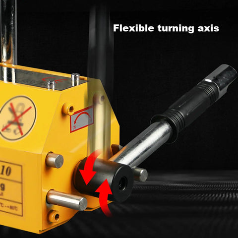 Built Like A Tank Permanent Magnetic Lifter With Quick Release Lever Crushing Up To Two Thousand Two Hundred Pounds showing flexible turning axis.