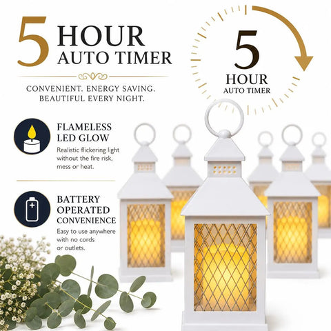 Close-up of 12 Piece 10 Inch Decorative Lantern Set With Flameless LED Candles And 5 Hour Timer For Indoor Outdoor Use White Rustic