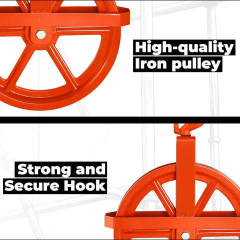 12 Inch Scaffold Hoist Pulley Wheel With Ladder Hooks, Heavy Duty Iron Wheel, 1000 Lb Capacity, Durable Construction For Safe Lifts, Rope Compatibility Five Eighths Inch, Great For Eight Millimeter Or Five Sixteenth Inch Rope, orange iron pulley with secure hook