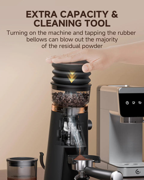 Level Up Your Daily Brew With This Bang For Your Buck Electric Coffee Grinder Featuring 75 Stepless Speeds And A Premium 40mm Burr For Zero Mess Single Dose Prep That Makes Flavor Hit Different, showing coffee beans in grinder.