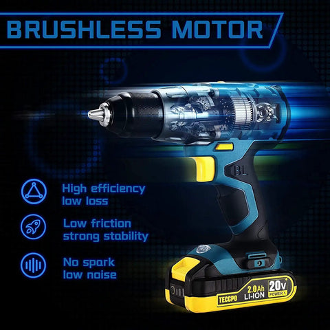 Brushless Cordless Drill Kit With 20V LiIon Power Two 2Ah Batteries 530 InLbs Torque Half Inch Keyless Chuck display