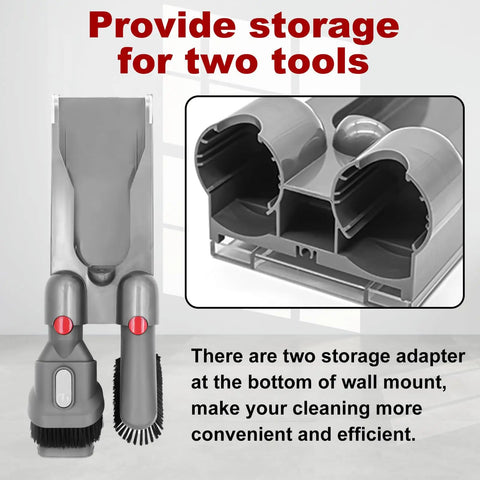 Close-up of Wall Mounted Vacuum Docking Station for Dyson V10 Cordless Vacuum Accessories Holder showing tool storage features.