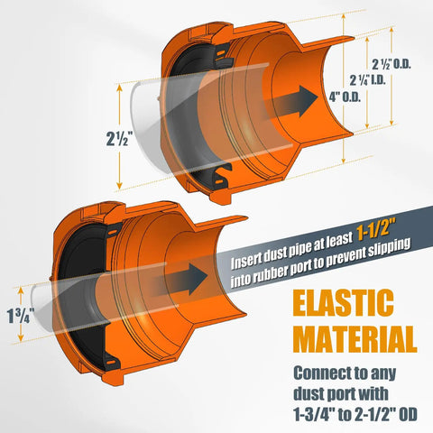 Diagram of dust port adapter dimensions for 10 Ft Vacuum Hose Dust Collection Kit With Four Quick Change Fittings Tapered Reducers.