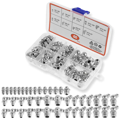 Pro Grade Metric Grease Fittings Kit 60 Pcs Featuring 9 Types Galvanized Zerk Set High Hardness 45 And 90 Degree Fittings M6 M8 M10