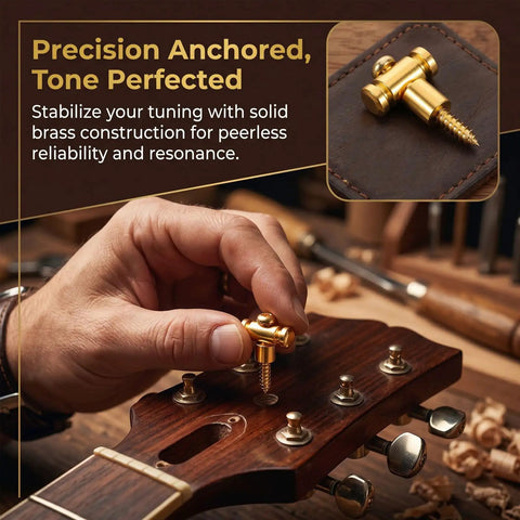 Close-up of hand installing Top Tier Brass Guitar Roller String Retainers Fit Electric Guitars Perfectly for tuning stability.
