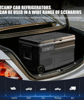 Dual Zone Portable Fridge And Freezer With Heavy Duty Wheels, 42Quart Electric Cooler in car trunk with display panel.