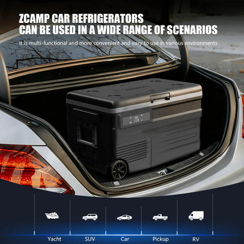 Dual Zone Portable Fridge And Freezer With Heavy Duty Wheels, 42Quart Electric Cooler in car trunk with display panel.