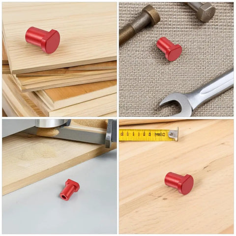 Red Six Piece Aluminum Alloy Table Stop Set with Low Profile Design on wood surface for woodworking benches.
