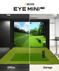 Eye Mini Lite Indoor Golf Launch Monitor And Simulator with 19 Precision Metrics, set up in office and garage settings.