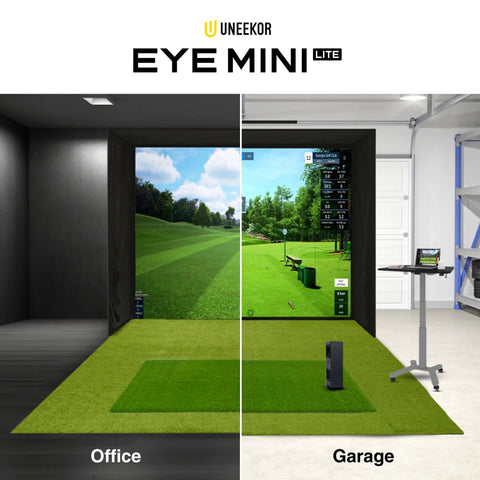 Eye Mini Lite Indoor Golf Launch Monitor And Simulator with 19 Precision Metrics, set up in office and garage settings.