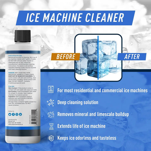 Ice Maker Cleaner And Descaler 16 Fl Oz For Nugget Ice Makers And All Major Brands Descale Clean And Preserve Ice Flavor With This Pro Grade Made In USA Formula with before and after ice image