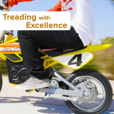 Person riding Razor MX bike showcasing Rear Wheel Replacement Kit For Razor MX500 MX650 Dirt Rocket Off Road Ready With Two Point