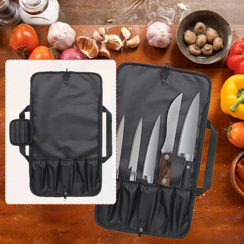 Pro Grade Portable Chef Knife Bag Foldable Knife Roll With Oxford Cloth Storage open showing knives against vegetable background