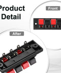 Four Way Spring Terminal Clip Push Release Connector Plate For Speakers, front view and back view, red black coding