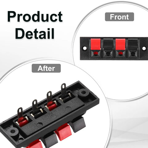 Four Way Spring Terminal Clip Push Release Connector Plate For Speakers, front view and back view, red black coding