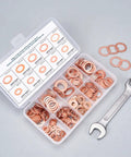 Copper Washers Set 200 Pcs Assortment DIY Ready For Engine Seals And Gaskets shown with storage box and wrench