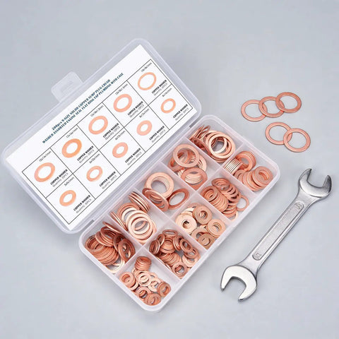 Copper Washers Set 200 Pcs Assortment DIY Ready For Engine Seals And Gaskets shown with storage box and wrench