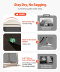 Infographic comparing features of the 6x6 Ft Pop Up Screen Tent For 4 To 8 People, showing curved top, glow-in-the-dark stakes, and extra-wide base.