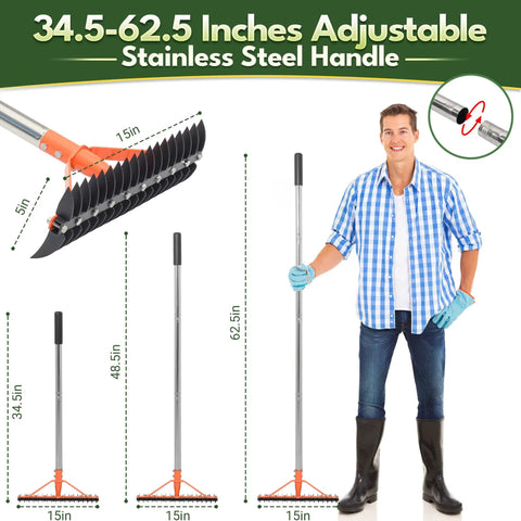Must Have Thatch Rake For Lawns 18 Sharp Tempered Spring Steel Tines With 62.5 Inch Adjustable Stainless Steel Handle Heavy Duty Dethatching Rake For Dead Grass Yard Care Garden Lawn Maintenance displayed with adjustable handle lengths and dual-sided head.