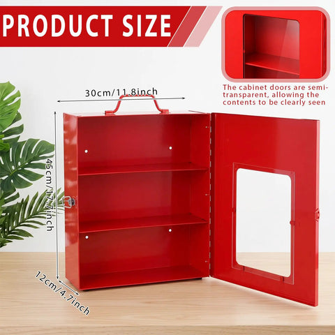 Wall Mount First Aid Cabinet With Three Shelves, Key Lock And Handle Lock, Visible Acrylic Door, open view showing interior shelves