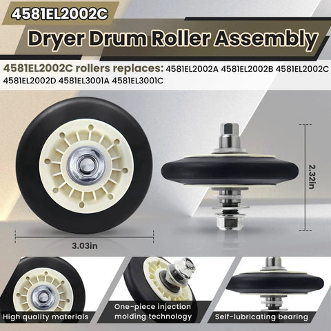 No Fuss Heavy Duty Dryer Roller Kit Replacement showing 4581EL2002C roller, 3.03in wide, self-lubricating bearing