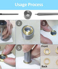 2mm Eyelet Hole Punch Die Tool Set With Base And Ram usage process image showing tool parts and steps for setting grommets