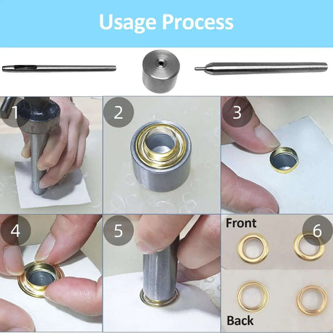 2mm Eyelet Hole Punch Die Tool Set With Base And Ram usage process image showing tool parts and steps for setting grommets