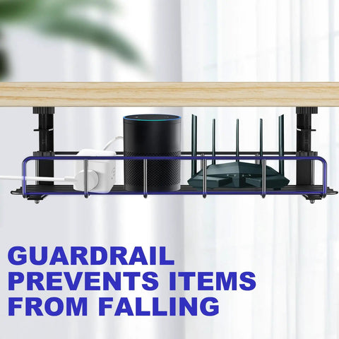 Under Desk Cable Management Tray No Drill Setup Clamp Mount with items organized and guardrail feature