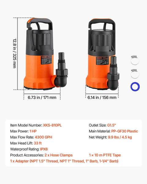 Rock Solid Submersible Water Pump 1 Horsepower 4300 Gallons Per Hour with accessories for quick water removal.