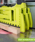 Expandable Push Shoe For Table Saw, Adjustable Push Block From 2 To 6 Inches, close-up of fast action push tabs in use