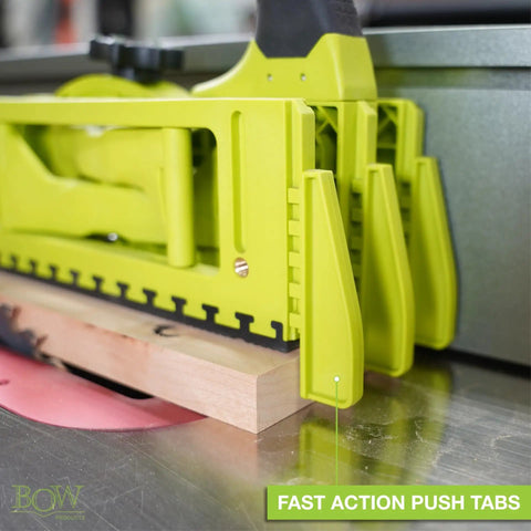 Expandable Push Shoe For Table Saw, Adjustable Push Block From 2 To 6 Inches, close-up of fast action push tabs in use