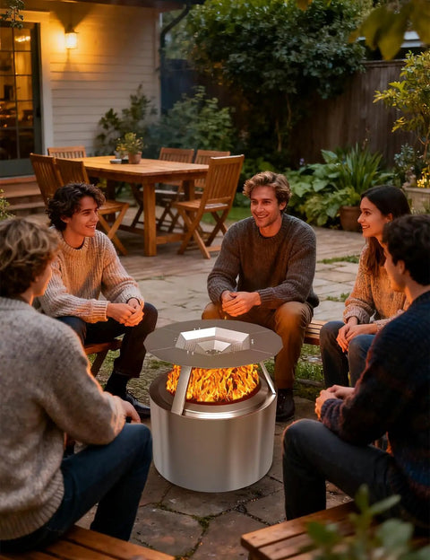 Friends enjoying outdoor fire with Heat Deflector For 19.5 Inch Bonfire Fire Pit With Handle 304 Stainless Steel Detachable Camping Essential Fits Bonfire 1.0 And 2.0 Smokeless Pits Redirects Heat For Cozy Outdoor Nights
