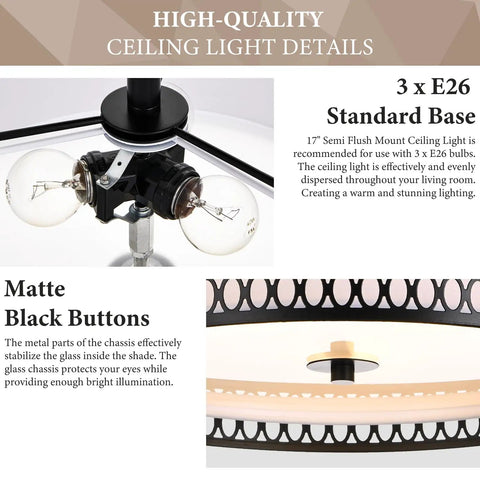 17 Inch Semi Flush Mount Ceiling Light Fixture With Three Light E26 Base Dope Modern Double Drum Design In Matte Black Iron Mesh Cage With Glass Diffuser, close-up of bulb sockets and iron mesh detail